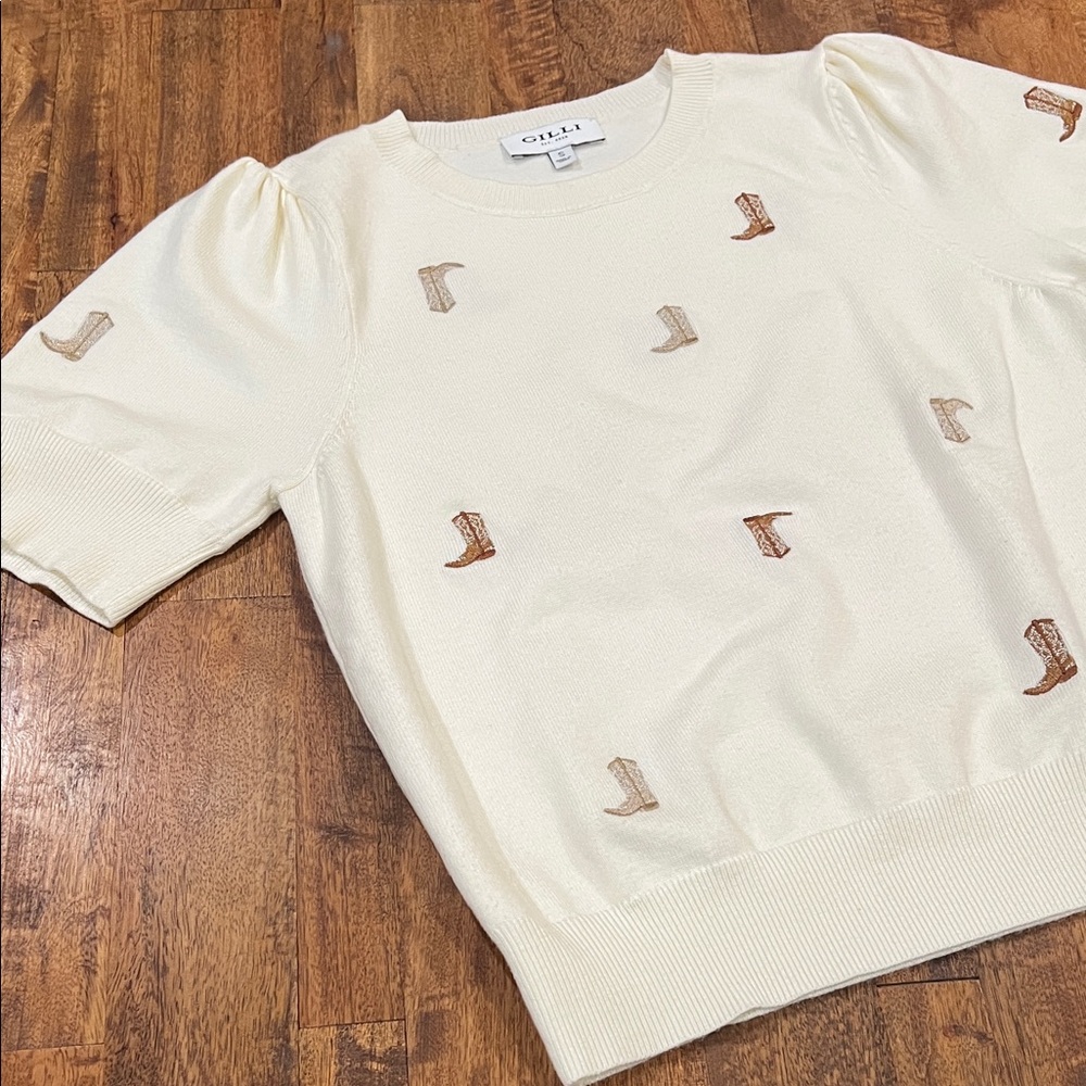 Gilli Cream Sweater Top with embroidered Brown Boots.